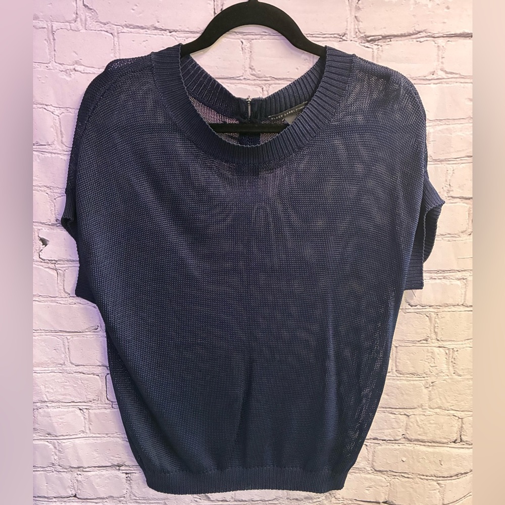 Black Label By Chico’s Women’s Knit Mesh Rib Trim Cap Sleeve Blouse Size 1X Blue